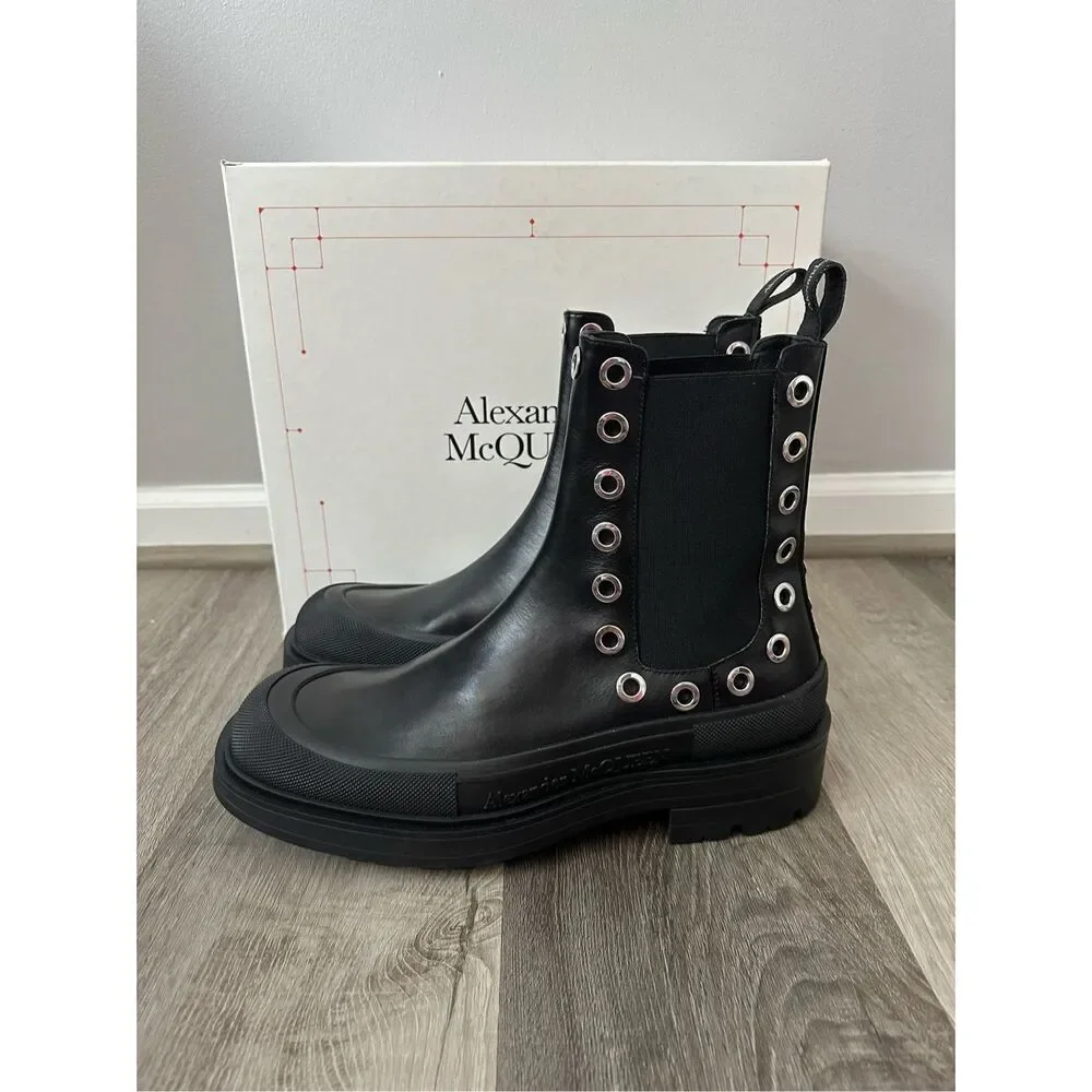 Alexander McQueen Leather Grommet Eyelet Detailed Chelsea Boots US 12 $1150